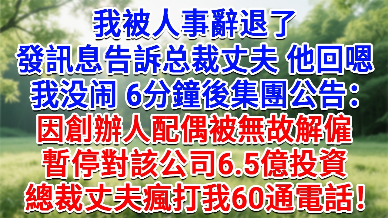 我被人事辭退了，發訊息告訴总裁丈夫，他回嗯 我没闹，6分鐘後集團公告：因創辦人配偶被無故解僱，暫停對該司6.5億投資，總裁老公瘋打我60通電話！#生活經驗#情感故事#故事#小說#戀愛#情感#婚姻