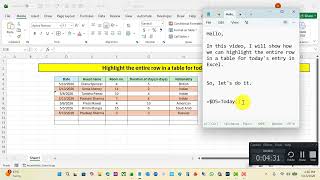 Highlight the entire row in a table for today's entry in Excel