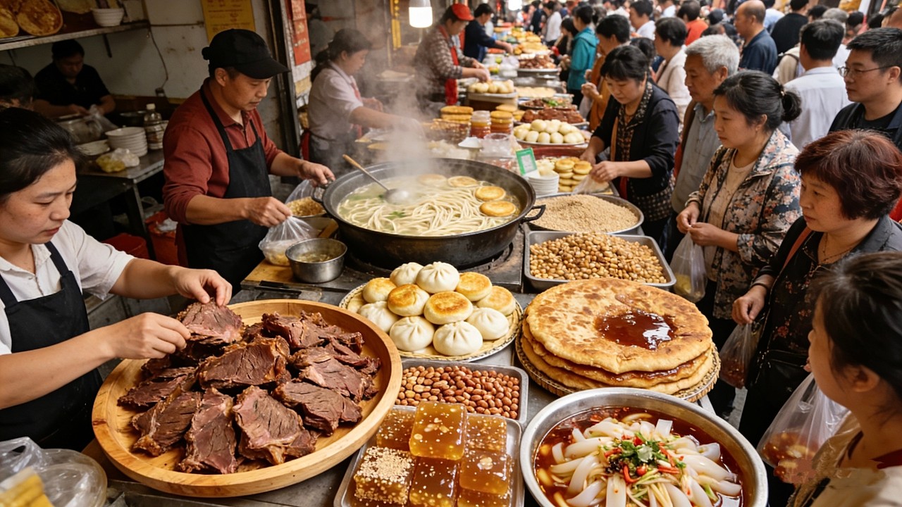 Оживлённый рынок в провинции Хэнань, Китай, предлагающий широкий выбор местных деликатесов.
