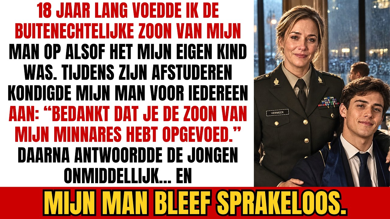 De feestzaal rook naar lelies en goedkope prosecco toen mijn man de microfoon pakte en glimlachend tegen driehonderd mensen zei: "Iedereen mag Lara bedanken. Zij heeft achttien jaar lang de zoon...