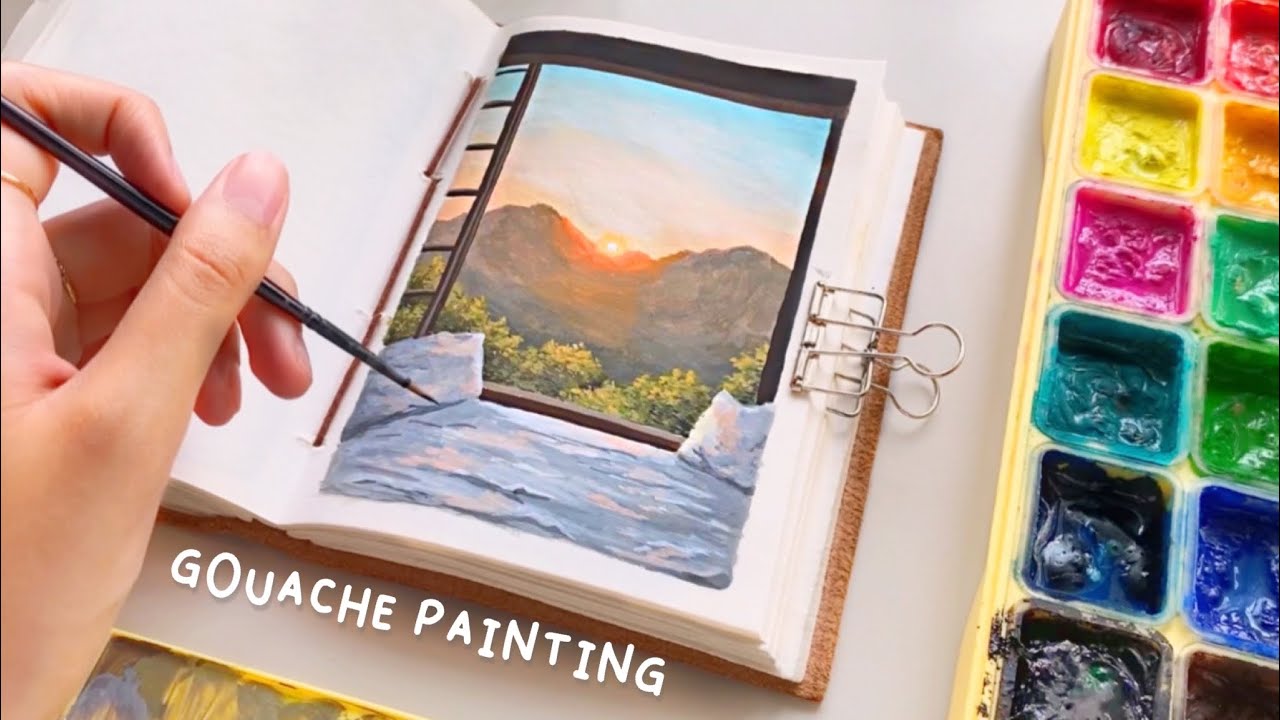 cozy sunset by the window 🌅 gouache painting 🎨 paint with me 🍑