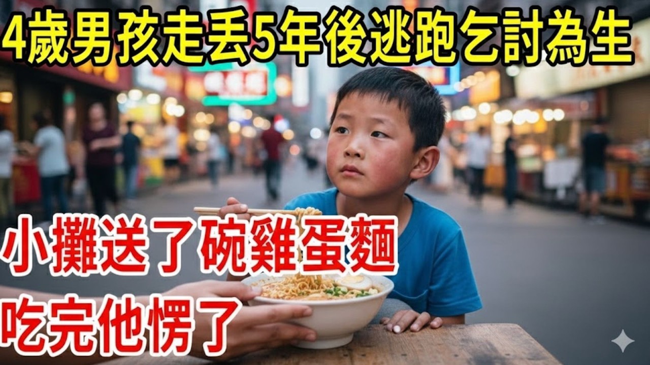 4歲男孩走丢5年後逃跑乞討為生，小攤送了碗雞蛋麵，吃完他愣了#原創#情感