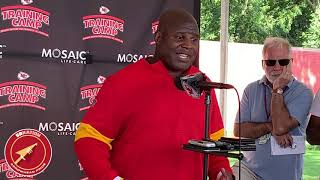 Chiefs training camp 2019: offensive coordinator Eric Bieniemy speaks to the media
