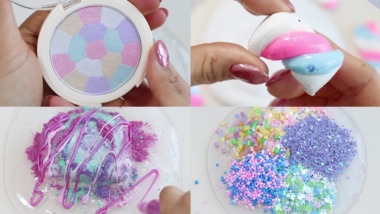 ASMR  Unicorn Slime Coloring with Makeup, Eyeshadow, Clay cracking. Slime Complication.