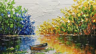 Challenge # 20 | Beautiful autumn scene with boat on lake ACRYLIC Palette knife painting