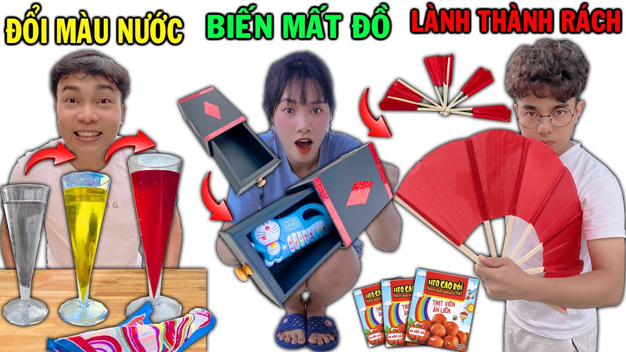 BIỂU DIỄN ẢO THUẬT ĐỔI MÀU CỐC NƯỚC BIẾN MẤT ĐỒ VẬT CÙNG THỊT VIÊN HEO CAO BỒI THẮNG TÊ TÊ HẰNG NGA