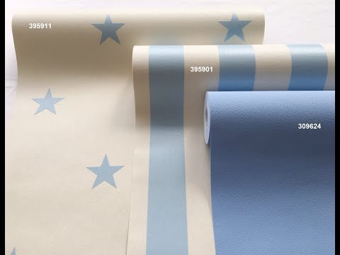Мийні шпалери в яскраво-блакитну смужку на молочному 395901, вінілові з іскорками, для дитячої кімнати дівчинки, видео 2