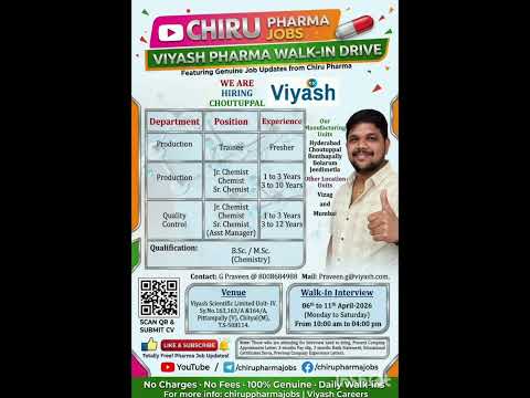 Viyash Pharma Api | Job's In Hyderabad-2026 | Pharma Jobs In Vizag Hyderabad Mumbai jeedimetla