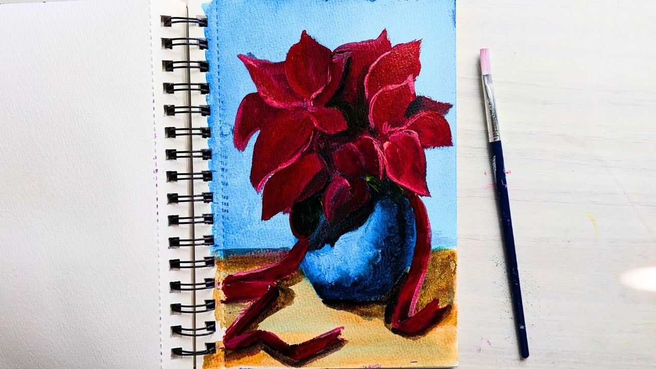 Winter Poinsettia flower vase | acrylic still life painting for ...