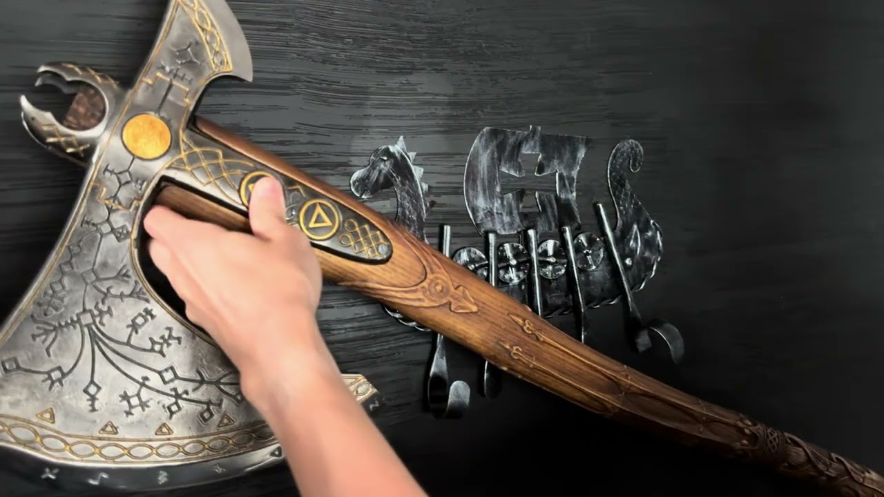kratos-gold-9 - Wall mount holder - Handcrafted Leviathan axe and glow in the dark runes