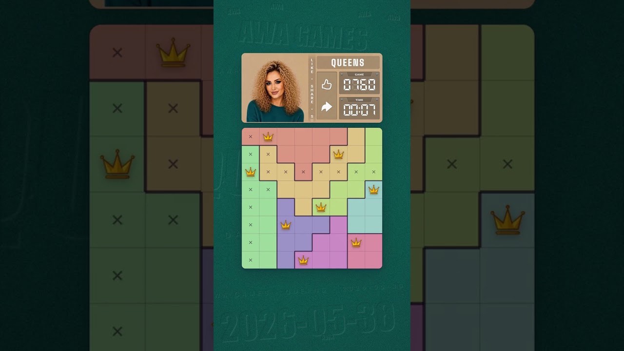 LinkedIn Queens #760 solved board for May 30, 2026, 8x8 grid
