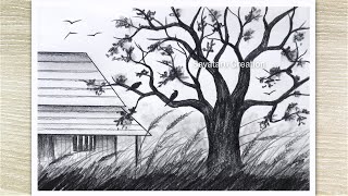 How to Draw Landscape  with pencil, house drawing easy, Nature drawing with pencil