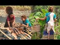 Woman see die calf for grill at bamboo hut - Eating delicious