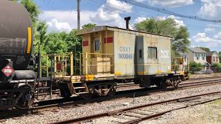 3 Mismatched Locomotive Train, 2 Trains Pass On Hill, Train With Caboose On Rear At CSX Interchange