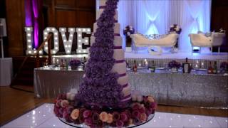 James and Nicola Navy, Lilac and Silver Modern Wedding Decorations at Porchester Hall London