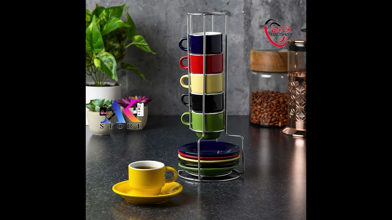 Gibson Home Porcelain Sensations Stackable Espresso Saucer Set, 13PC Cups Stand, Assorted