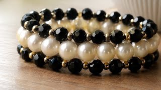 DIY Elegant Black & white Pearl Beaded Bracelet ✨ | Easy Bracelet Making Tutorial screenshot 2