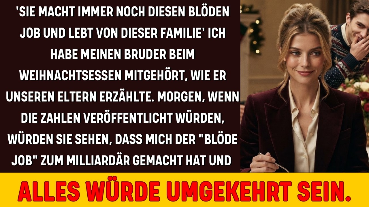 Ich saß beim Weihnachtsessen, als mein Bruder sich zu meinen Eltern beugte und flüsterte: „Sie macht immer noch diesen lächerlichen Job und lebt von der Familie.“ Der ganze Tisch lachte, und ich...