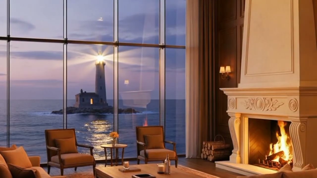 Cozy Fireplace Room with Ocean View & Lighthouse 🌊🔥 | Relaxing 4K Ambience