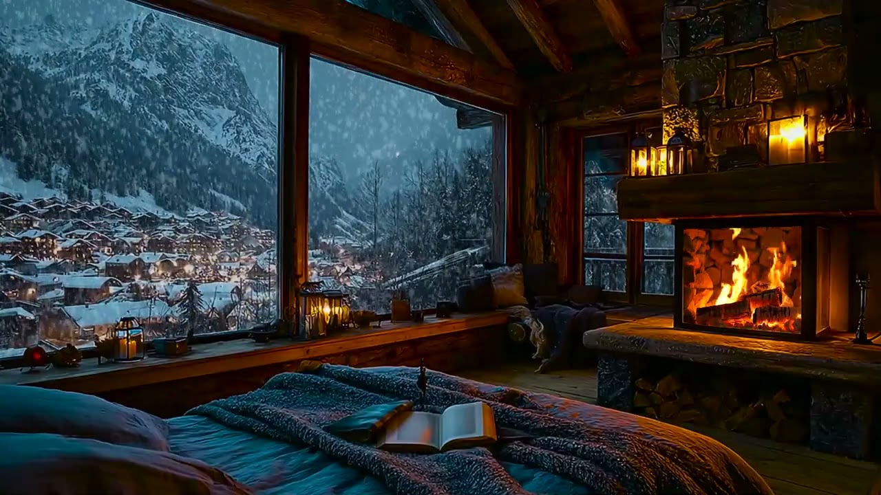 Quiet Winter Night in a Snowy Cabin with Soft Fire Sounds for Peaceful, Deep Sleep