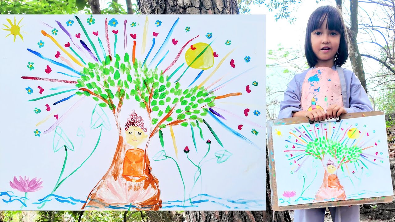 Painting a Buddha by 6-Year-Old Kid Artist Mia Mai | Beautiful Relaxing Acrylic Art | Tree, Mandala