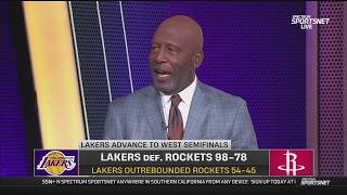 James Worthy reacts to LeBron scores 28 lead Lakers finish off Rockets 98-78 to advance next round