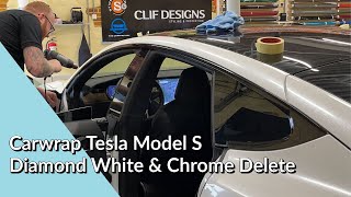 Carwrap Tesla Model S in Avery Diamond White & een chrome delete