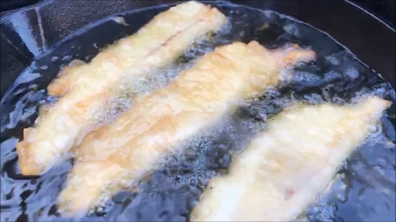 Beer Battered Walleye cooked in cast iron pan, Hook and Cook Scavo
