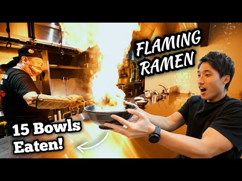 INSANE FLAMING RAMEN CHALLENGE!   15 Bowls of FIRE RAMEN Eaten!   Menbaka Fire Ramen Singapore