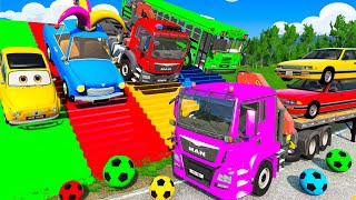 BeamNG.Drive - Long Cars vs Funny Cars and Flatbed Trailer Truck Rescue Bus - Cars vs Rail and Train