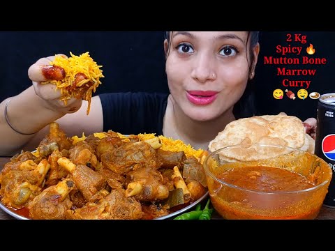 Eating 2Kg Spicy 🔥 Mutton Bone Marrow Curry, Pulao, Puri | Huge Indian Food Feast Mukbang | Big Bite