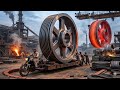Skilled Pakistani Craftsmen Making Giant Double Belt Cast Iron Pulley Wheels by Hand
