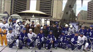 Maple leafs alumni hit the ice outside city hall sunday afternoon for
a good cause and announced $1 million donation to various community
organizations.