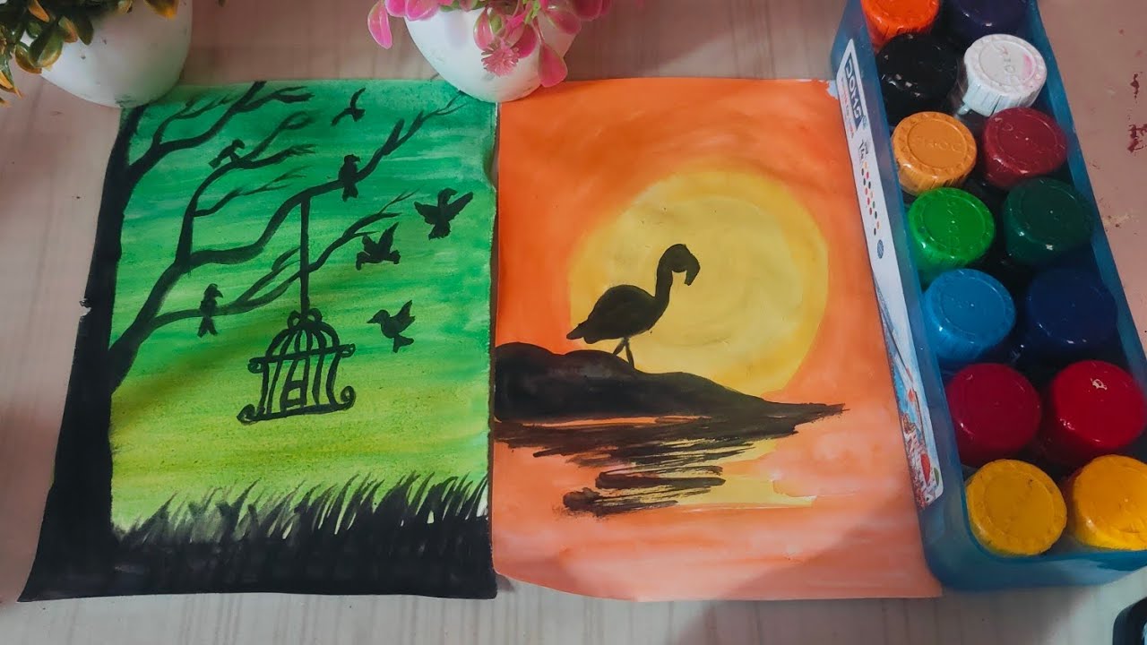 Bird cage and  river sunset painting with acrylic colour 