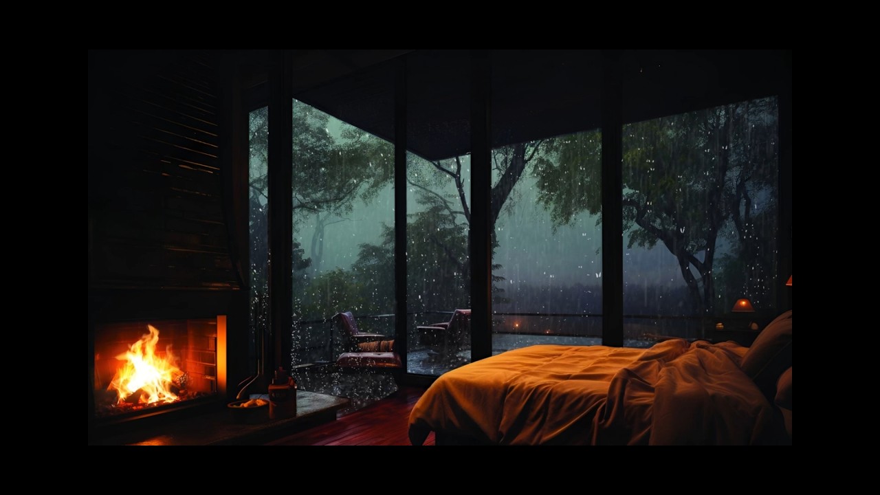 Cozy Bedroom with Fireplace 🔥 Rain on Window at Night | 10  Hours Relaxing Sleep Ambience