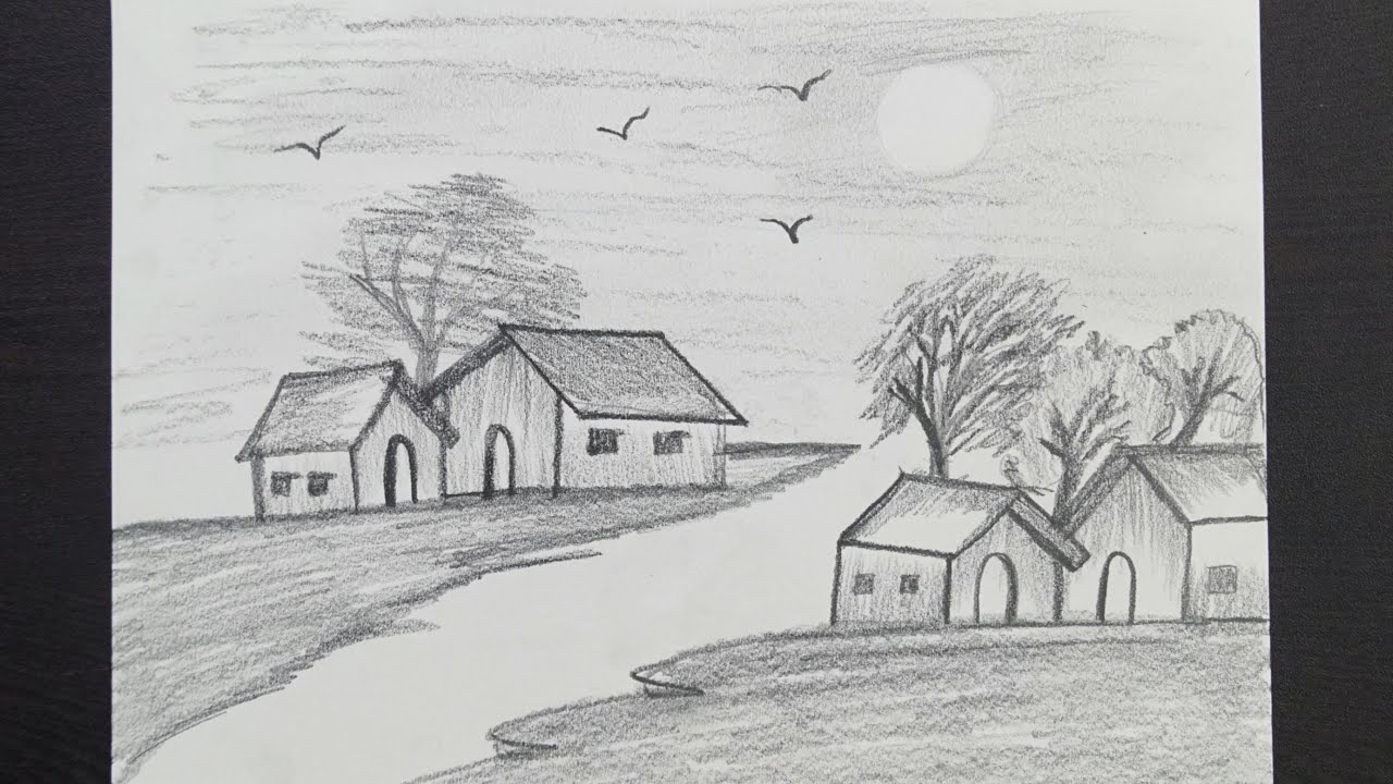 Pencil Scenery Drawing || Village Scenery Drawing || Nature ...