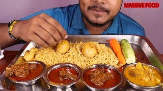 HUGE lunch ever!! three plate spicy chicken jhal+fish curry with egg masala rice-lovetoeat mukbang