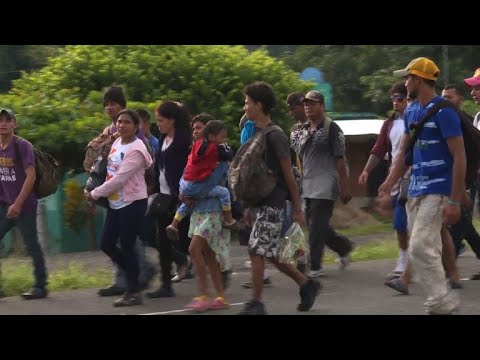 Children migrants walk alongside parents as they head to the US