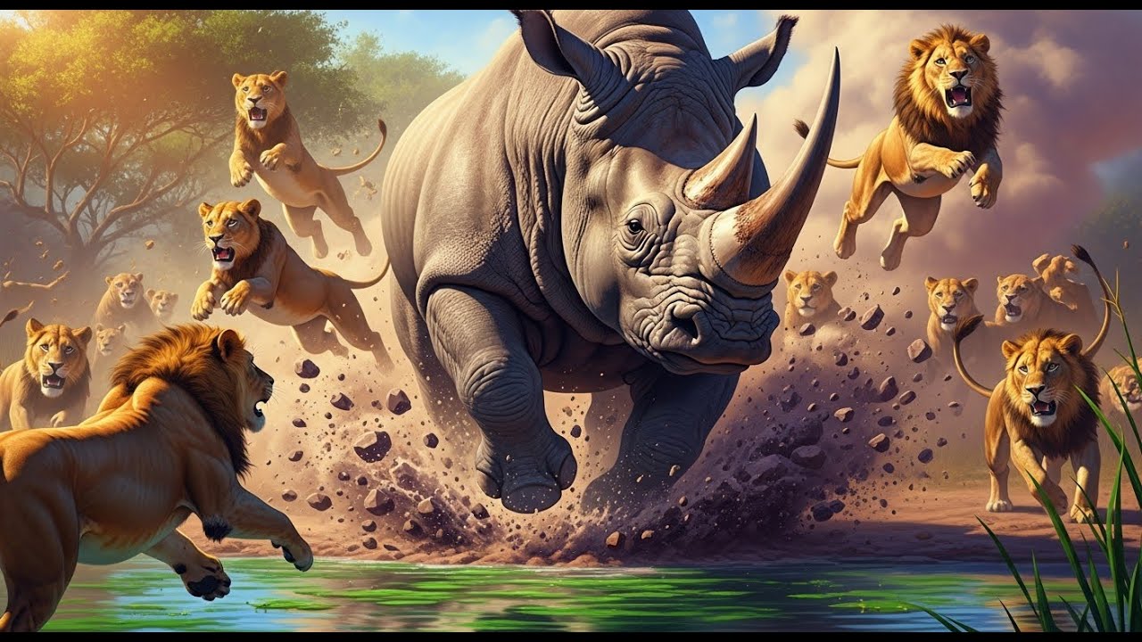 ШОК: носорог нападает на львиный прайд у водопоя | Невероятная битва диких животных