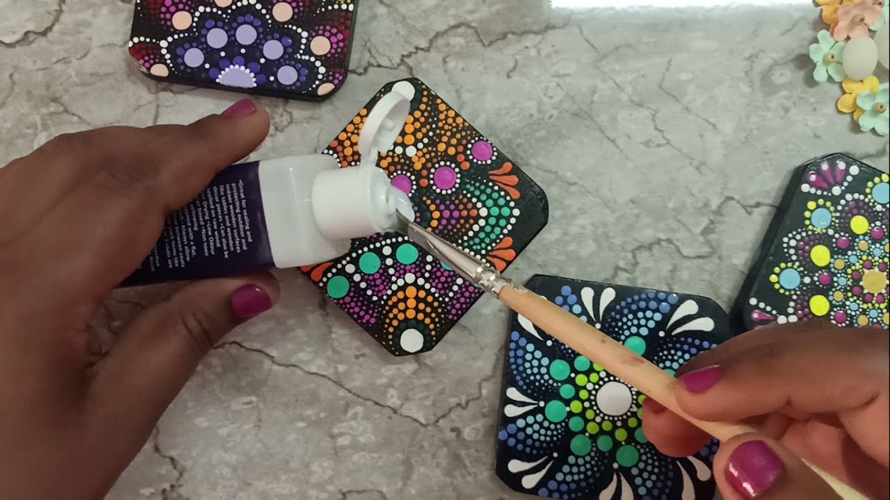 How to make tea Coaster | Simple Dot Mandala Painting For Beginners | Dot mandala on wooden coaster