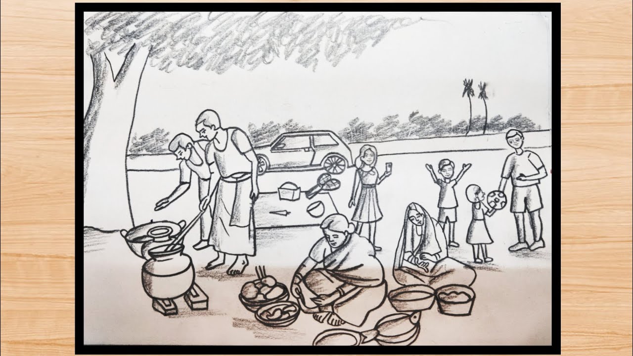 Create a Breathtaking Picnic Scenery Drawing |family picnic scenery Drawing|picnic drawing very Easy