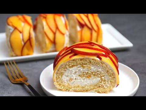 Peach amp cream roll cake  vanilla roll cake recipe