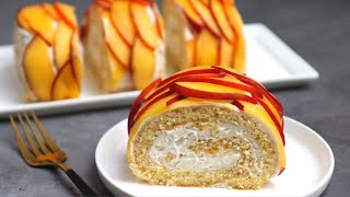 Peach &amp; cream roll cake | vanilla roll cake recipe