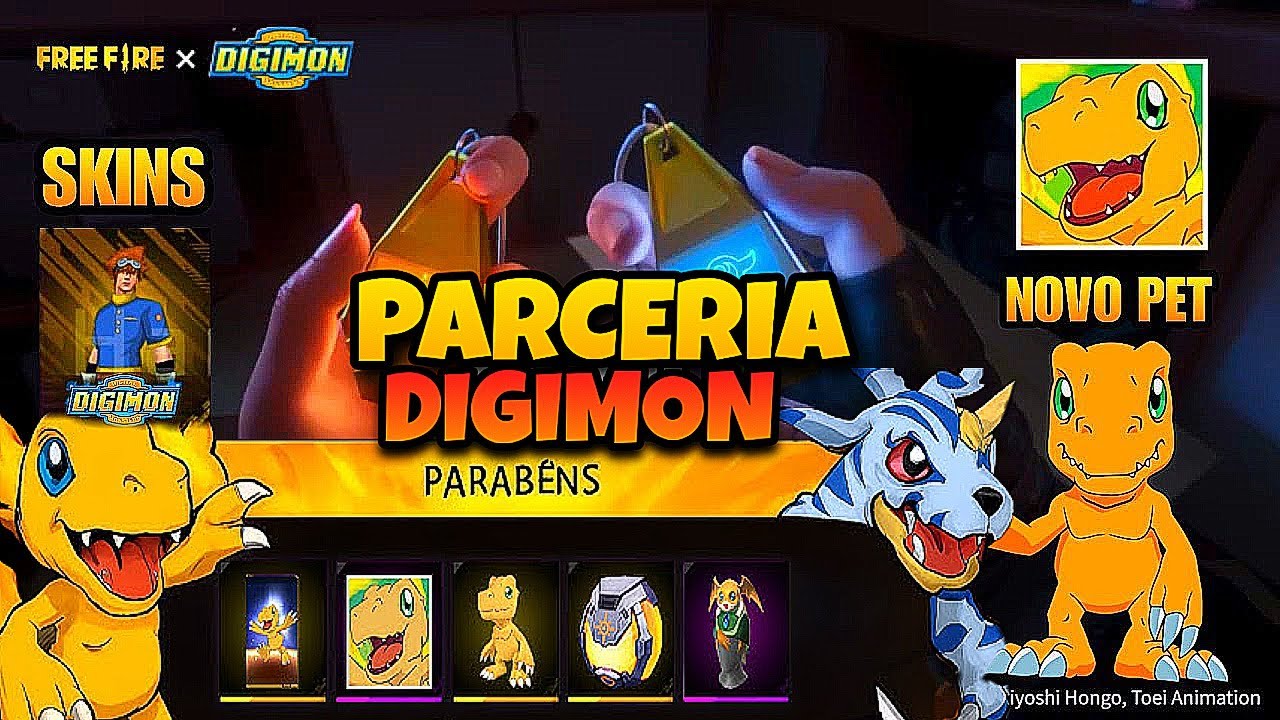 TODOS OS ITENS DA NOVA PARCERIA DE FREE FIRE COM DIGIMON 