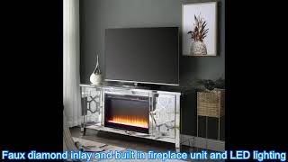 Acme LV00312 Everly quinn albaugh mirrored 59" TV stand w/ faux diamond inlay fireplace unit and LED