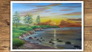 Landscape painting for beginners | Sunset with Poster colour