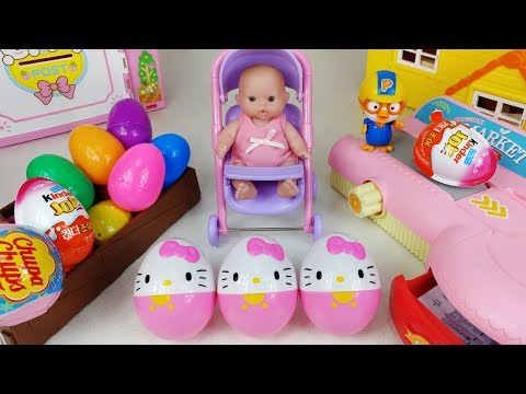 헬로키티 마트 계산대 서프라이즈 에그 아기인형 뽀로로 장난감 Hello Kitty Surprise Egg mart cash register and baby doll Toy play