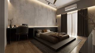 Earthy Toned Bedroom Concrete Texture, Wood & Warm Lighting screenshot 3