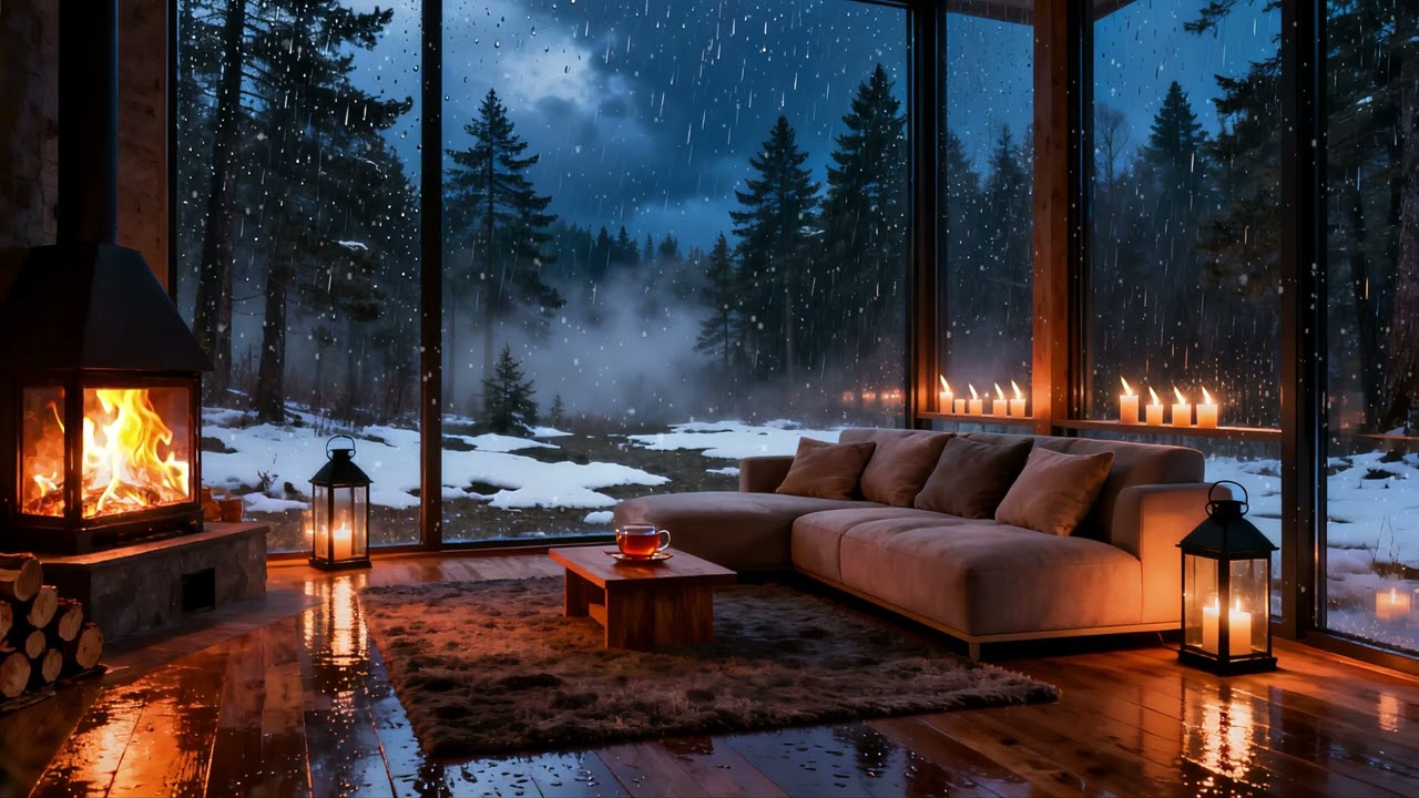 Heavy Rain on Snow Outside ❄️🔥 Fireplace Ambience for Deep Relaxation