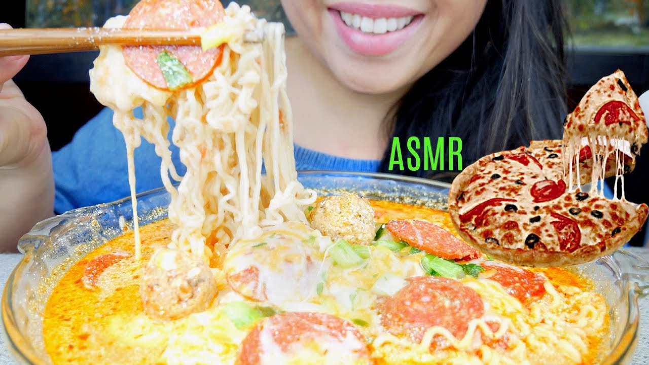 ASMR Pepperoni Pizza Ramen Noodles Soup ♥︎ College Ramen ♥ Recipe!! 먹방